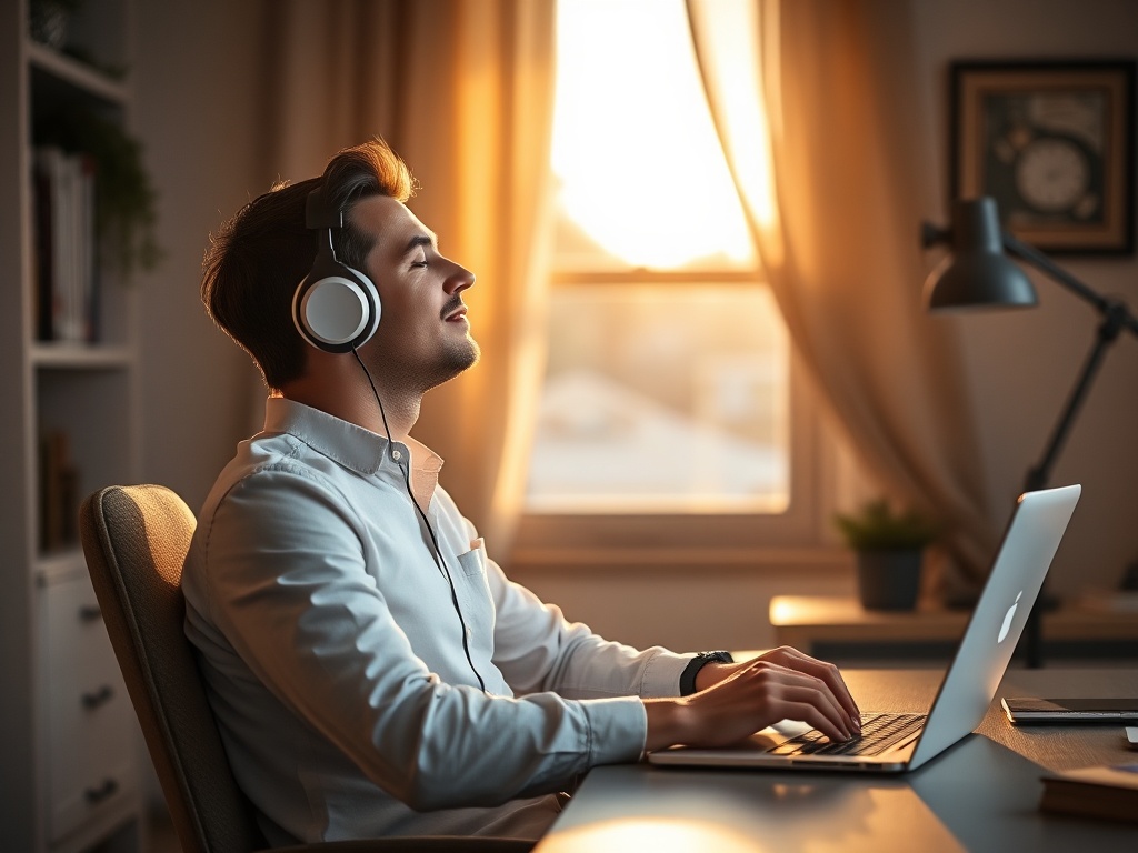 "serene home office" "soft golden morning light" "person relaxed, eyes closed, headphones on" "subtle smile, confident posture" "minimalist desk with laptop" "calm, warm color palette"