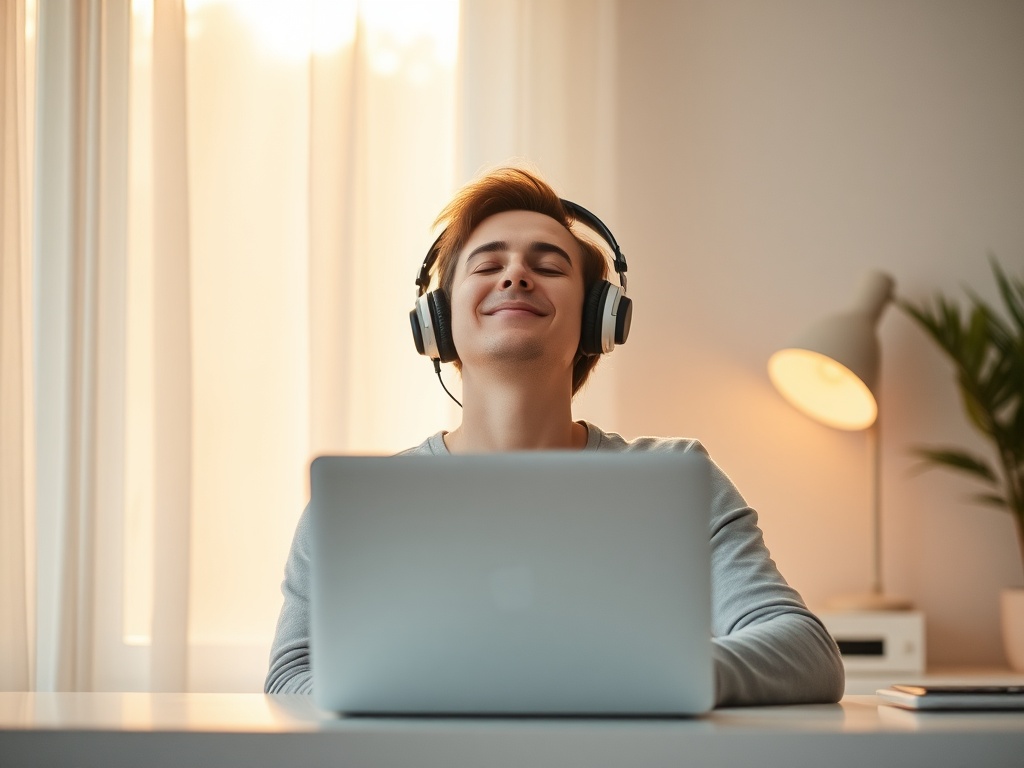 "serene home office" "soft golden morning light" "person relaxed, eyes closed, headphones on" "subtle smile, confident posture" "minimalist desk with laptop" "calm, warm color palette"