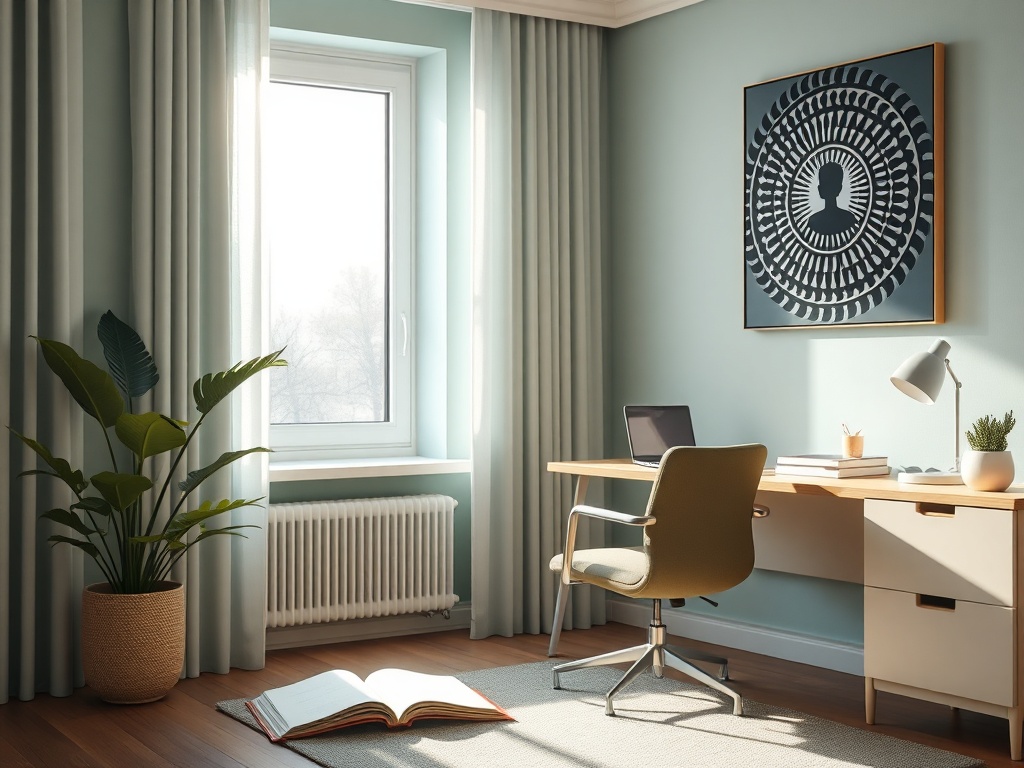 "Calm modern home office" "soft morning light through window" "cozy chair and desk with open notebook" "soothing teal and beige palette" "subtle hypnosis spiral motif on wall art" "gentle confident coach silhouette guiding client"