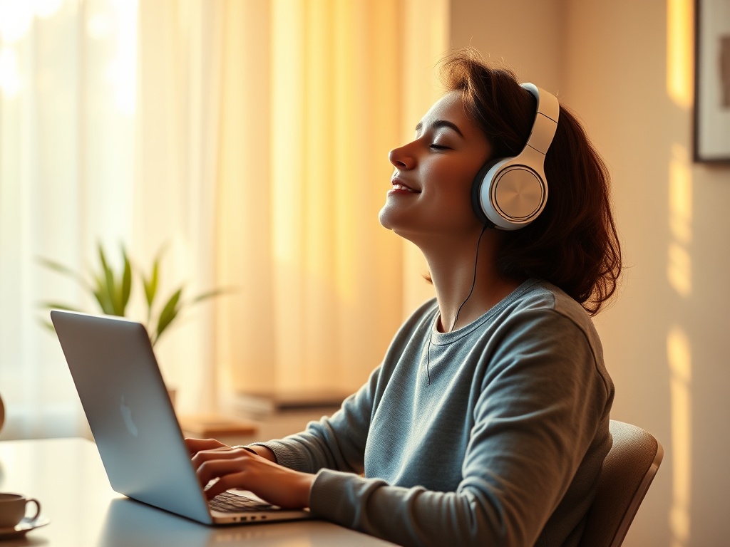 "serene home office" "soft golden morning light" "person relaxed, eyes closed, headphones on" "subtle smile, confident posture" "minimalist desk with laptop" "calm, warm color palette"
