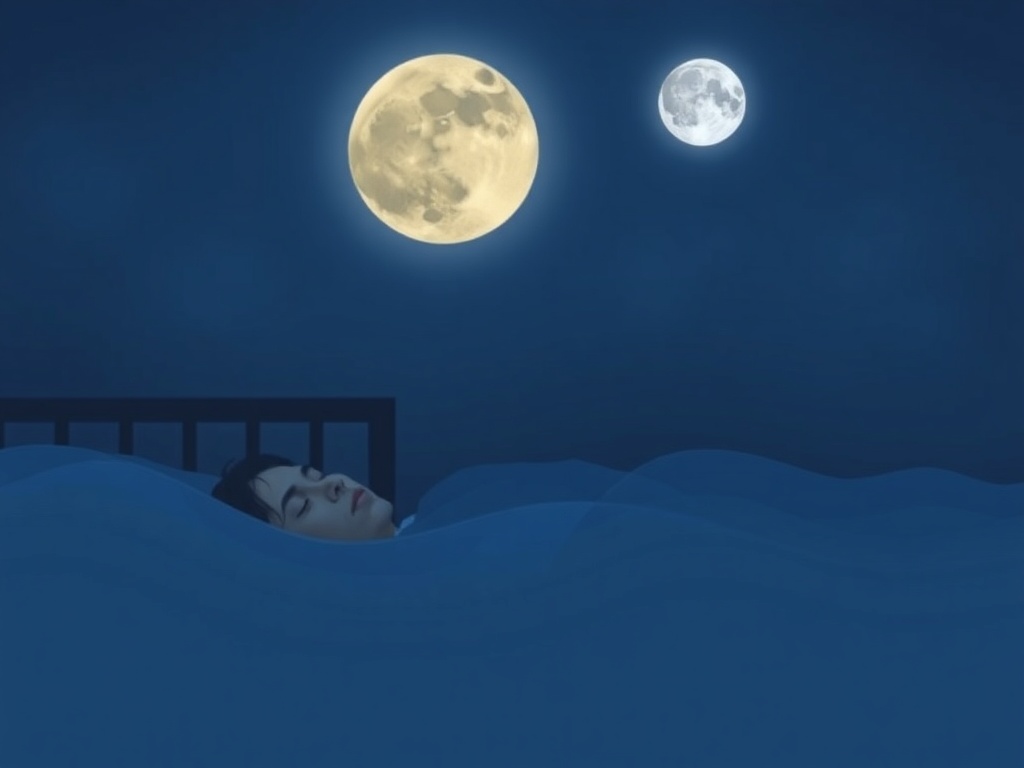 "moonlit bedroom" "soft warm lamp glow" "person peacefully sleeping" "calm breathing visualized as gentle waves" "soothing blue-gray palette"