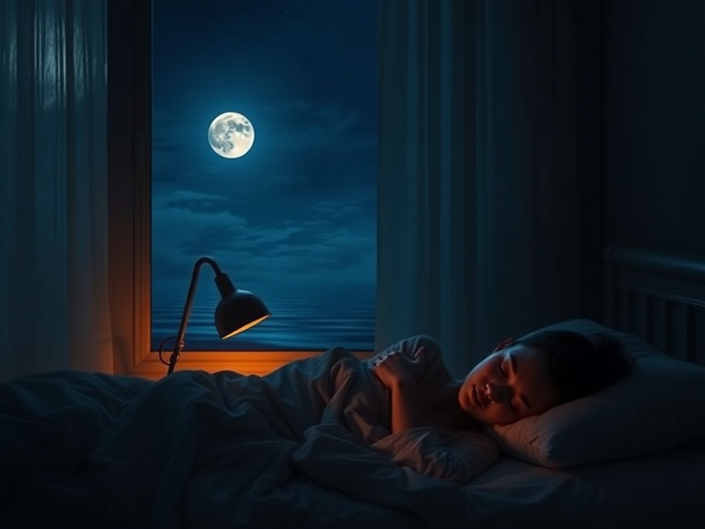 "moonlit bedroom" "soft warm lamp glow" "person peacefully sleeping" "calm breathing visualized as gentle waves" "soothing blue-gray palette"