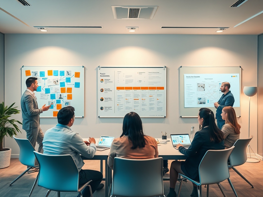 "three-panel workshop scene" "panel one