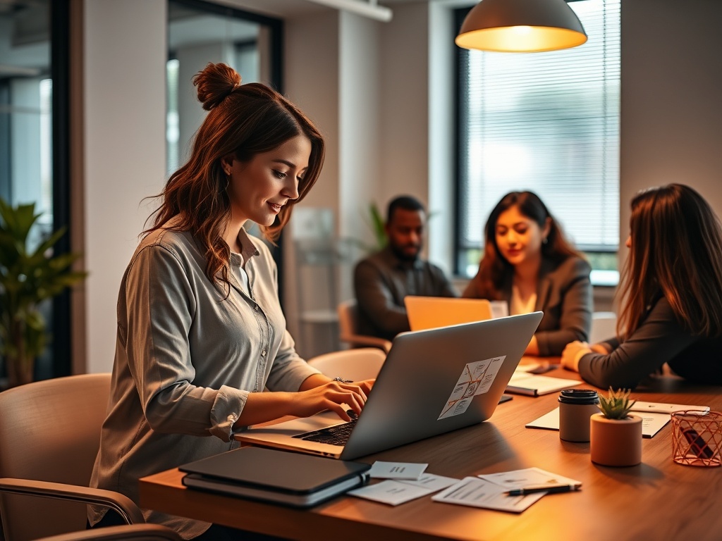 "female coach at desk" "laptop with visual roadmap glowing" "sticky notes, templates, prompt cards" "diverse team around table" "warm focused lighting" "clean modern office"