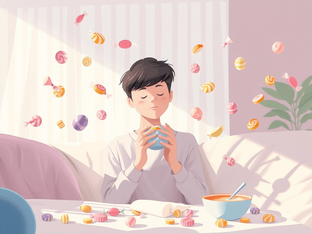 A serene morning scene with "a person gently resisting candy" surrounded by "floating candy icons fading away," soft pastel colors, calm expressions, peaceful room light.