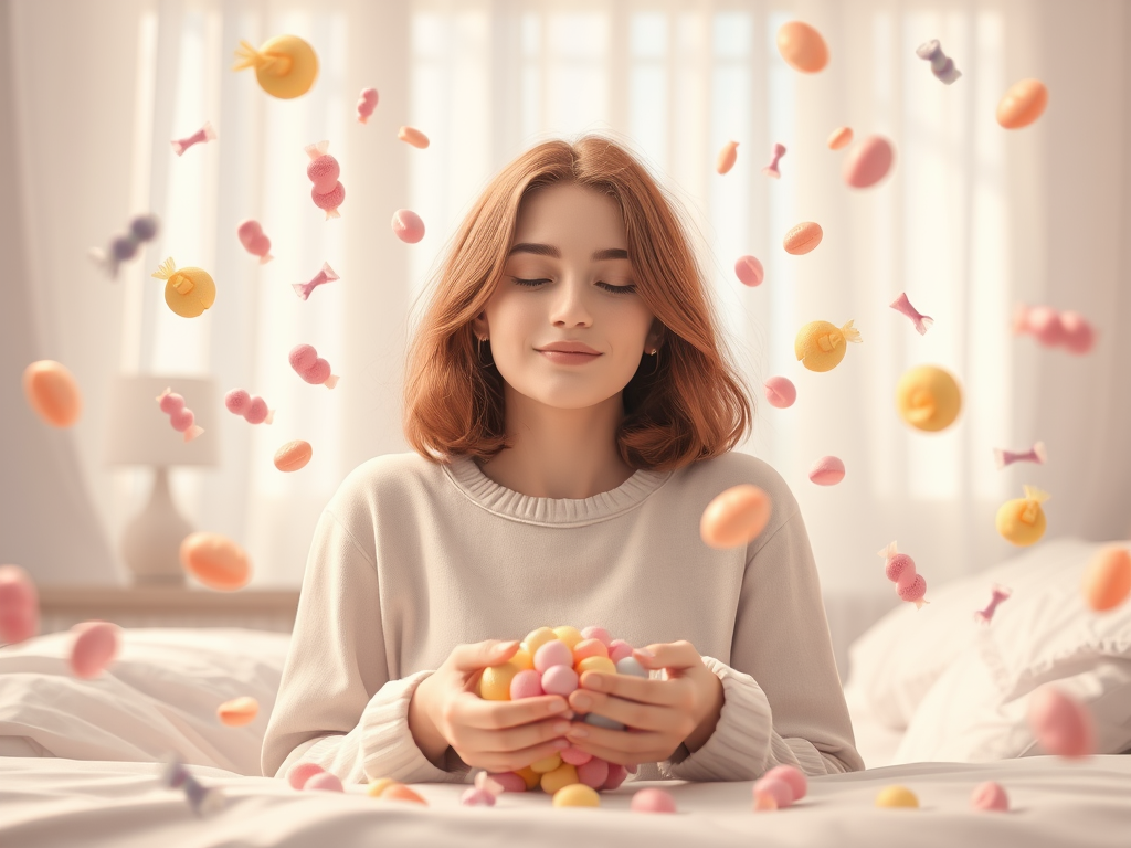 A serene morning scene with "a person gently resisting candy" surrounded by "floating candy icons fading away," soft pastel colors, calm expressions, peaceful room light.