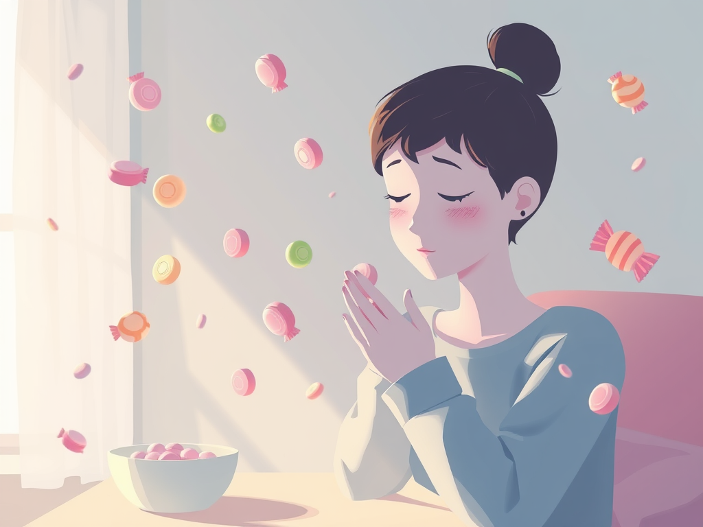 A serene morning scene with "a person gently resisting candy" surrounded by "floating candy icons fading away," soft pastel colors, calm expressions, peaceful room light.