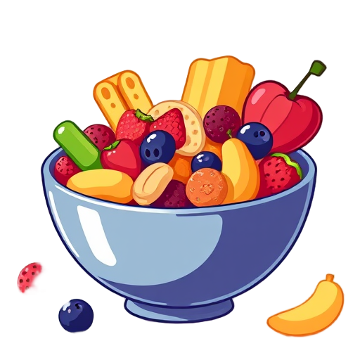 "Healthy snacks" "Energy boost" "Snack bowl" "Bright colors" "Fresh fruits" "Nuts mix" "Simple shapes" "Clean lines"