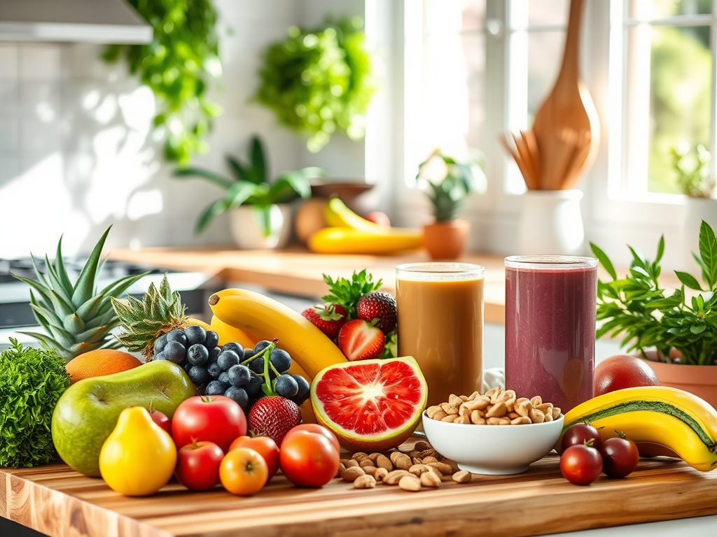 A vibrant kitchen scene with colorful "fresh fruits," "nuts," "smoothie bowls," and a "wooden cutting board" surrounded by "natural light" and "green plants."