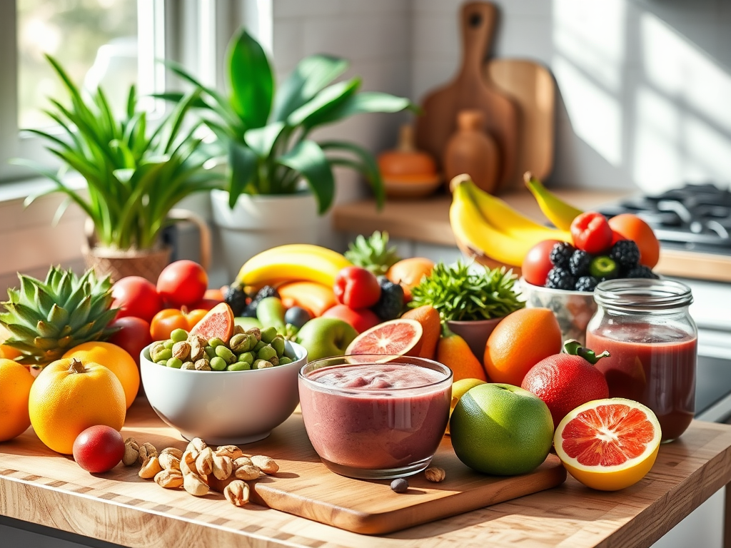 A vibrant kitchen scene with colorful "fresh fruits," "nuts," "smoothie bowls," and a "wooden cutting board" surrounded by "natural light" and "green plants."