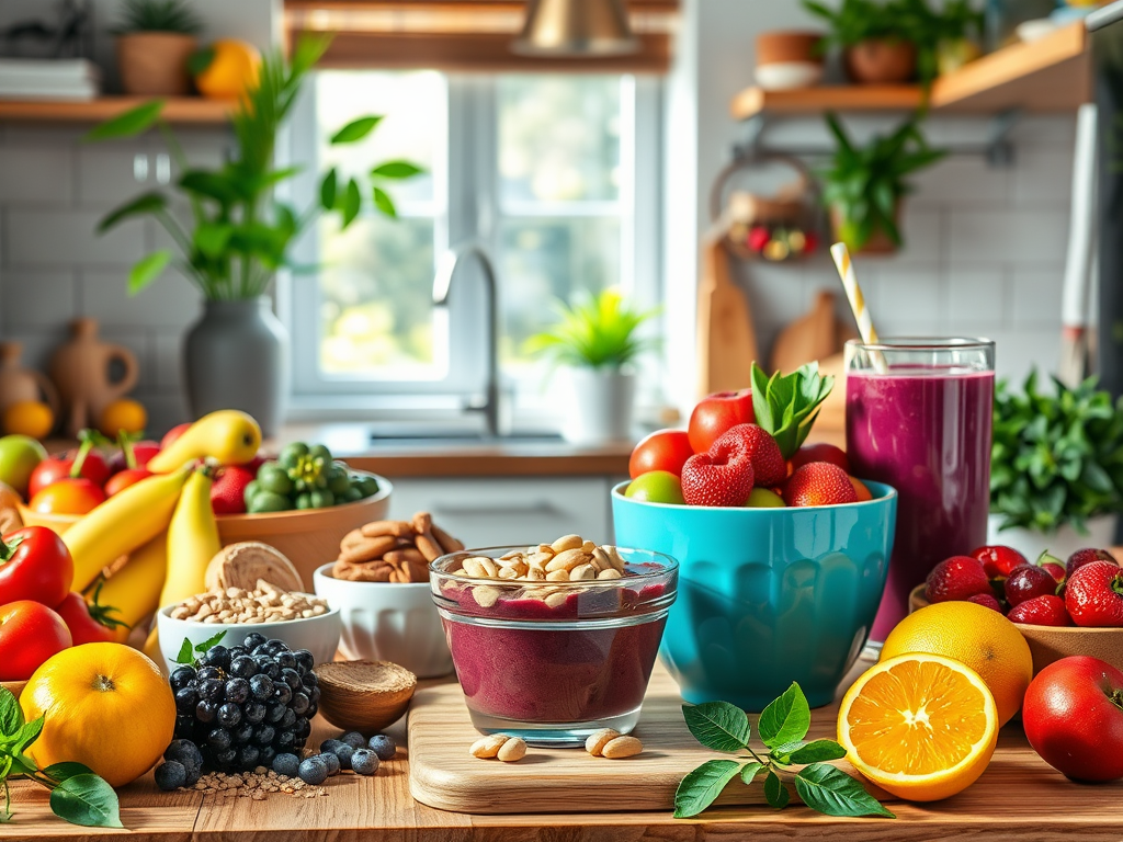 A vibrant kitchen scene with colorful "fresh fruits," "nuts," "smoothie bowls," and a "wooden cutting board" surrounded by "natural light" and "green plants."