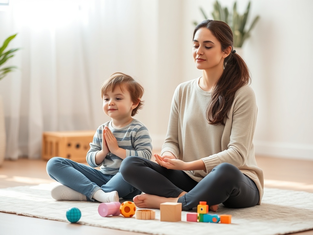 "peaceful mother and child" "soft morning light" "sitting cross-legged on rug" "gentle breathing pose" "toys set aside" "calm facial expressions" "warm neutral colors" "shallow depth of field"