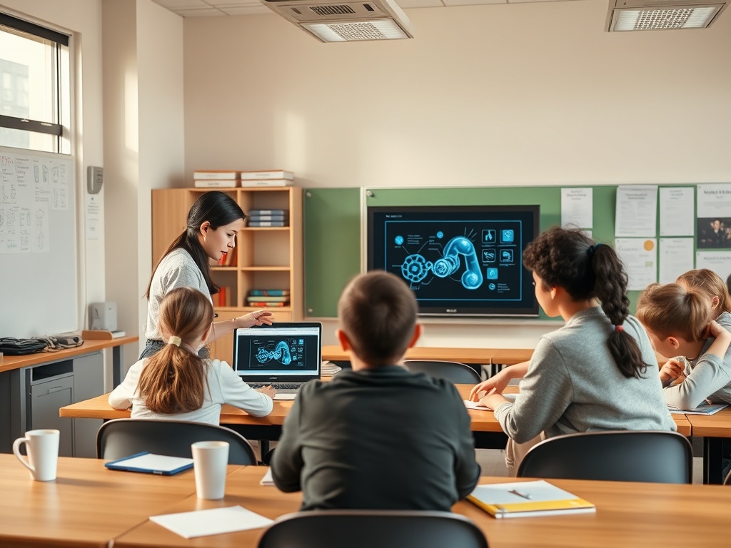 "Classroom scene" "teacher at laptop showing AI tools" "students engaged, varied ages, diverse" "warm natural light, modern, organized materials"