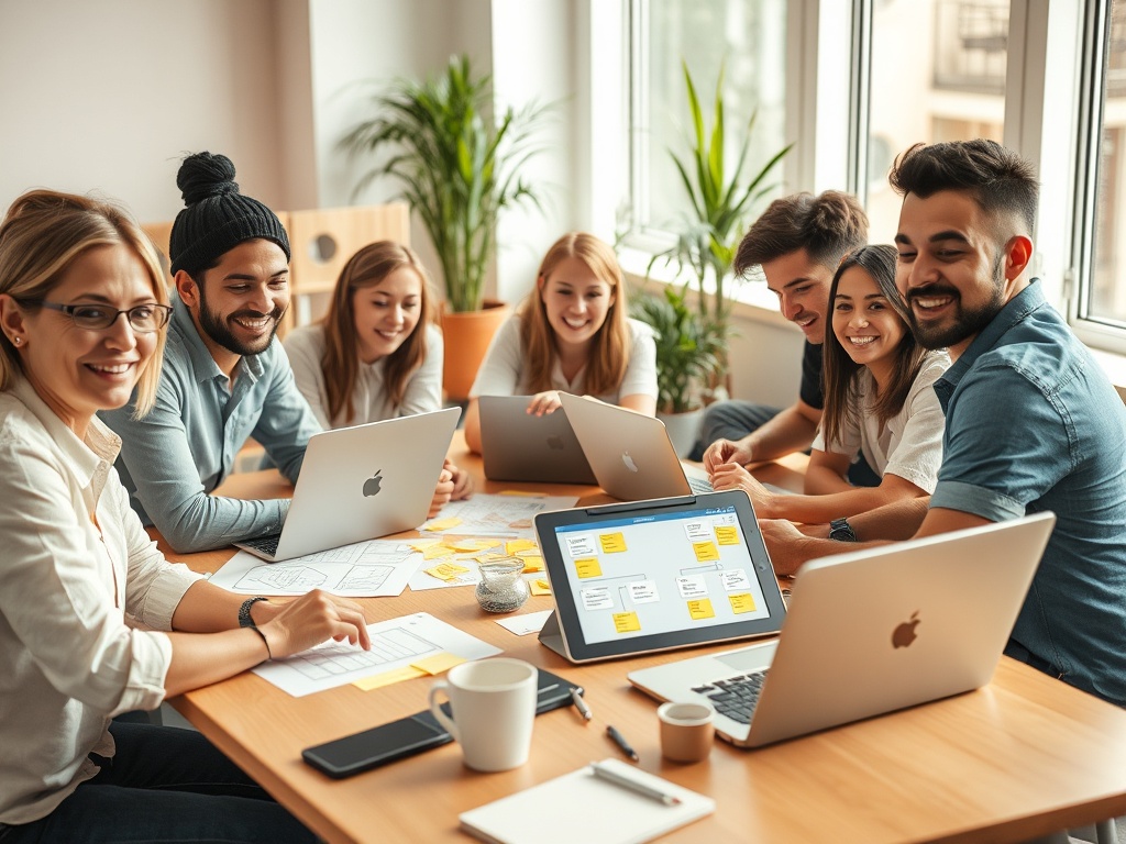 "A collaborative classroom workshop" "diverse adults around a table with laptops and paper templates" "post-it notes, prototype models, digital tablet displaying flowcharts" "warm natural light, energetic focused expressions" "modern educational setting, 