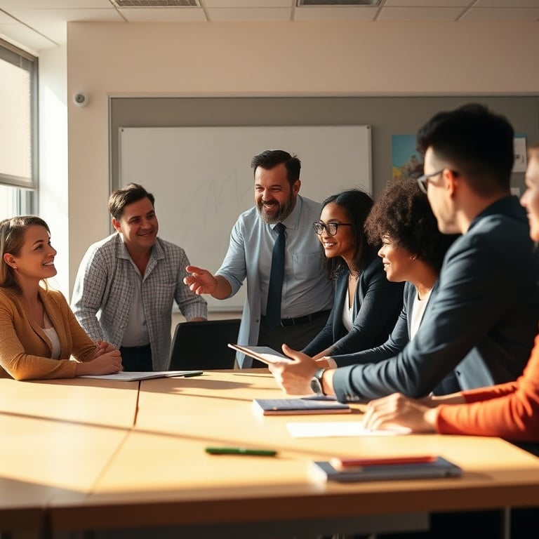 "A dynamic, modern manager guiding a diverse team through a calm, collaborative discussion; warm light, subtle movement lines, classroom and office contrast, tools on a desk, soft shadows."
