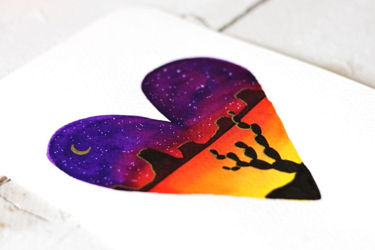 Kunstwerk hart met landschap met brush pen