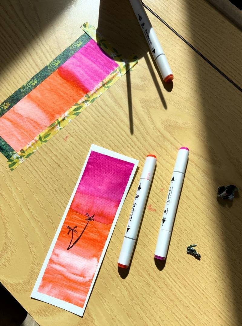 Kunstwerk met aquamarkers van de Action op aquarelpapier