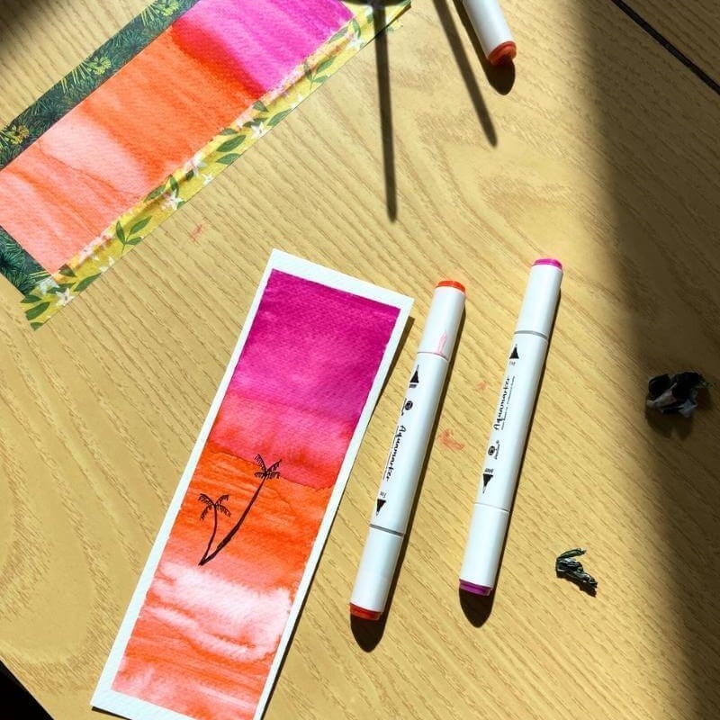 Kunstwerk met aquamarkers van de Action op aquarelpapier