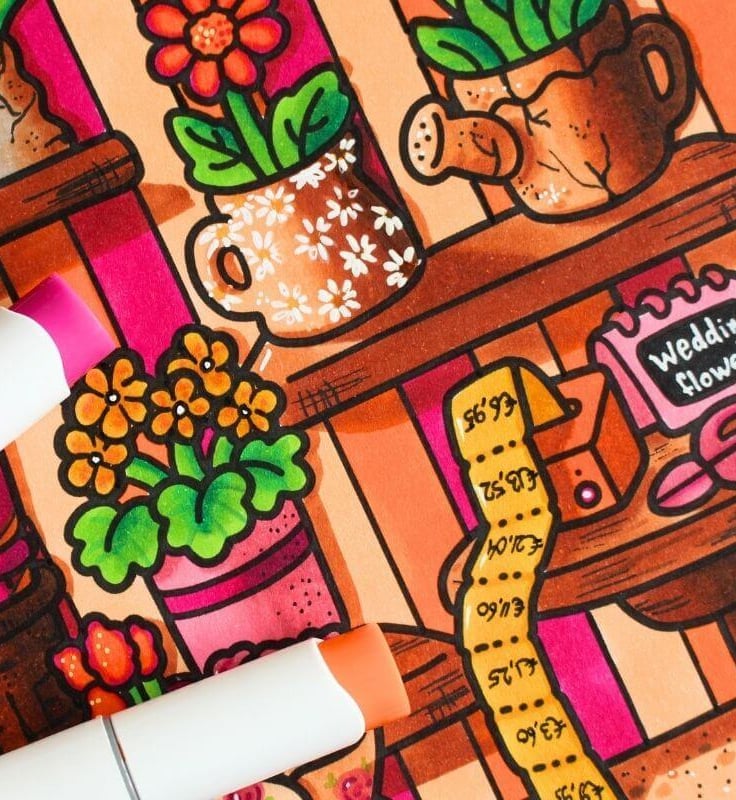 Ingekleurde cozy coloring kleurplaat met alcoholmarkers uit de online cursus