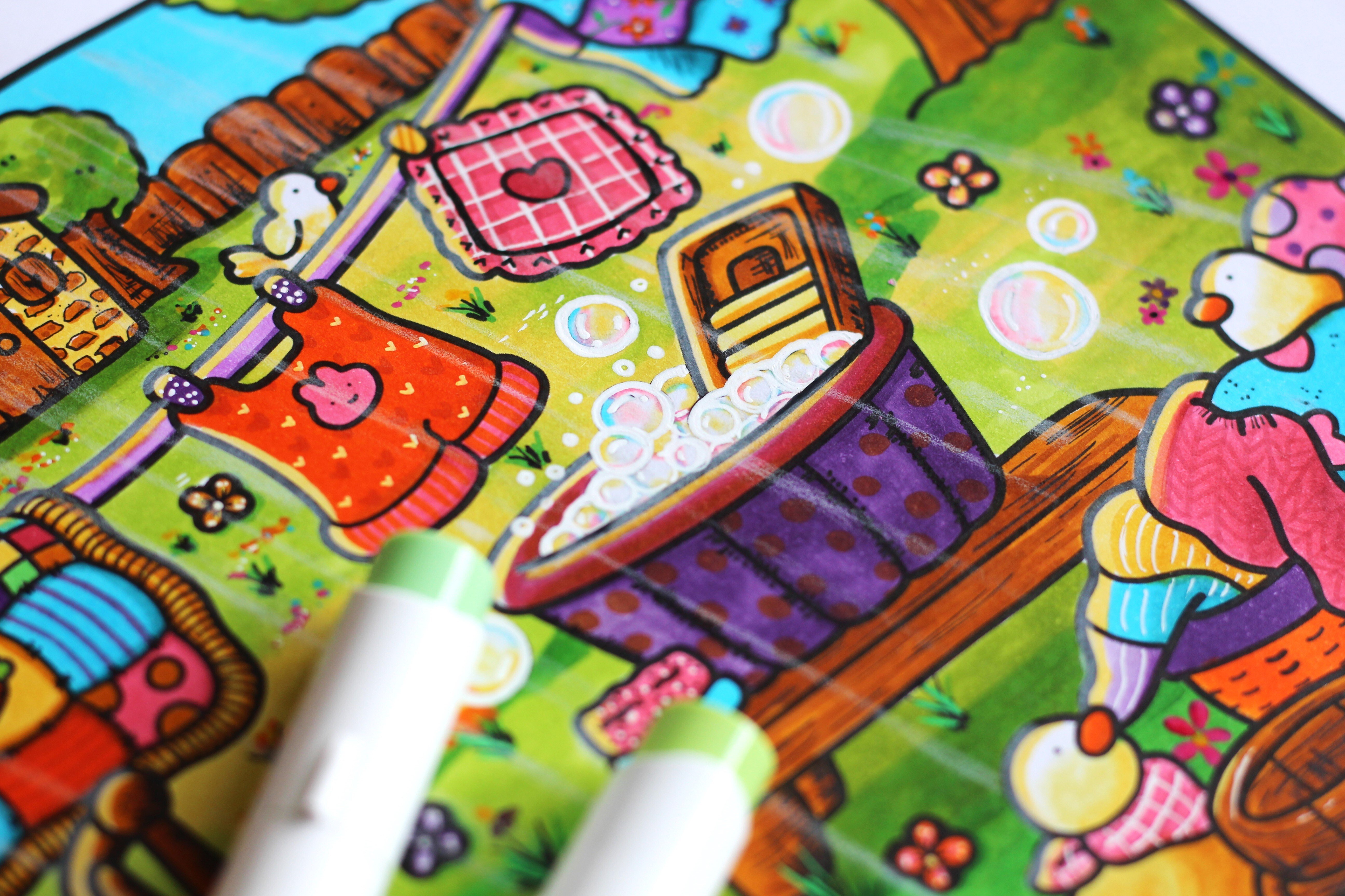 Ingekleurde cozy coloring kleurplaat met alcoholmarkers uit de online cursus