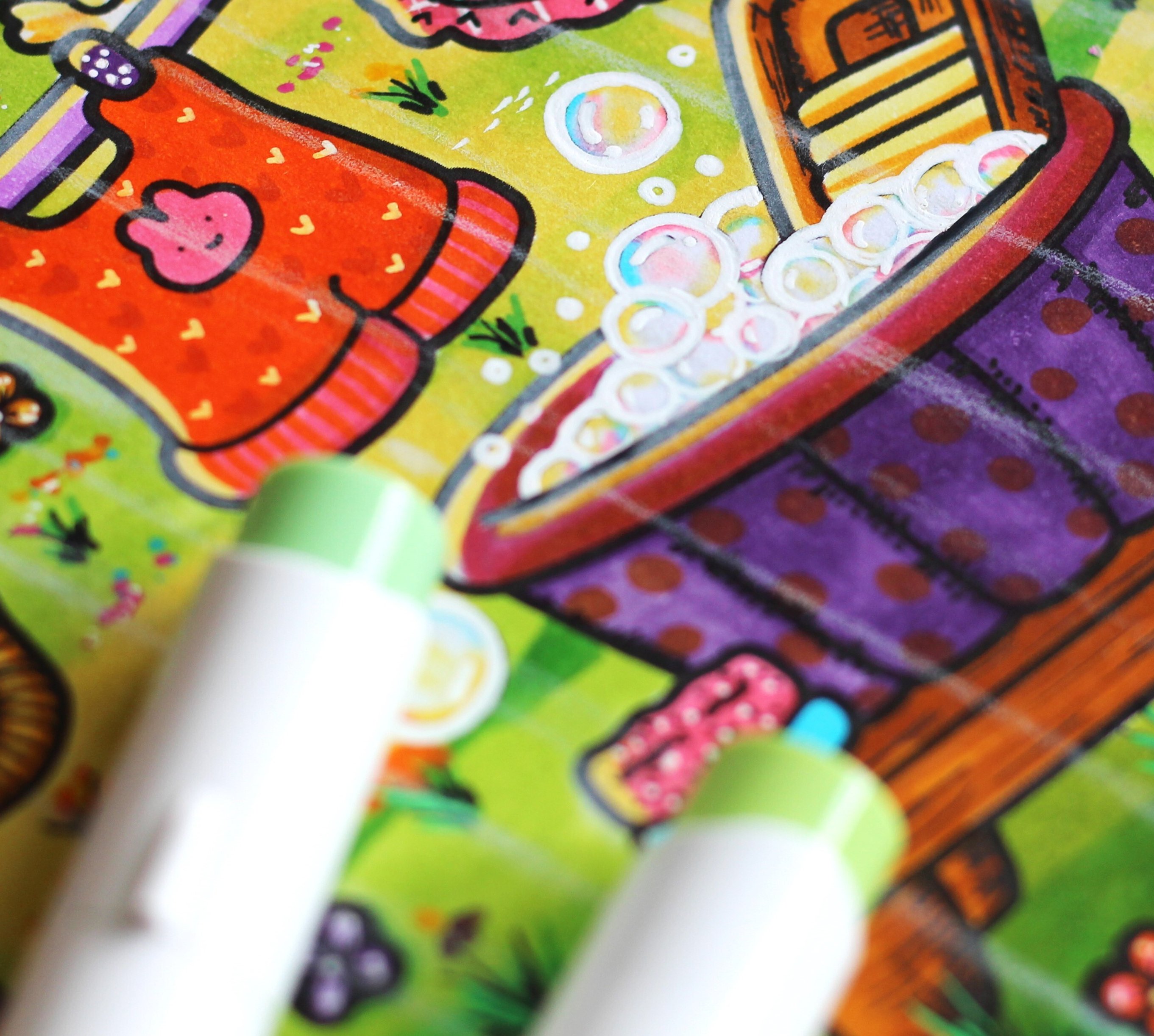 Ingekleurde cozy coloring kleurplaat met alcoholmarkers uit de online cursus
