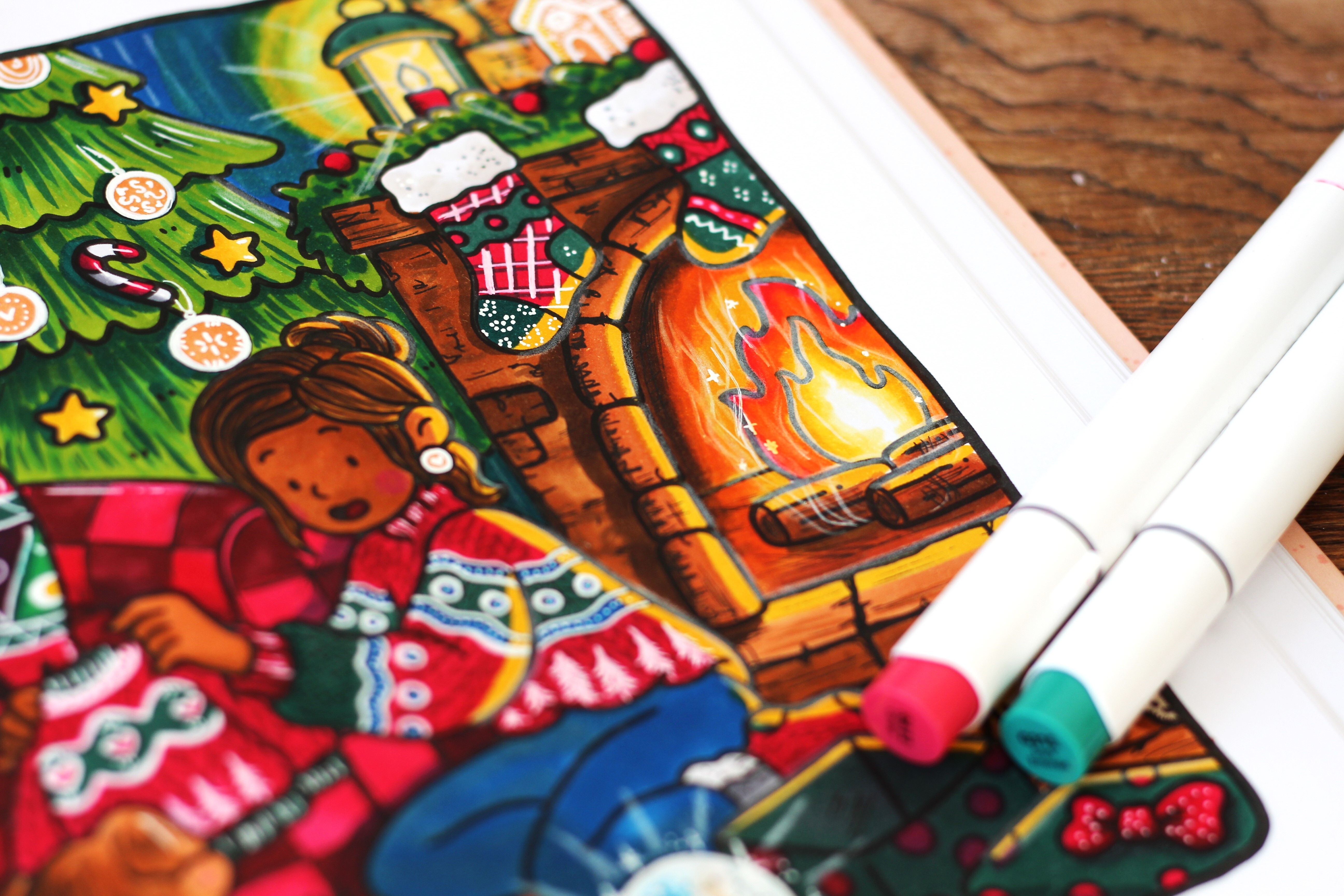 Kerst cozy kleuren kleurplaat met alcoholmarkers