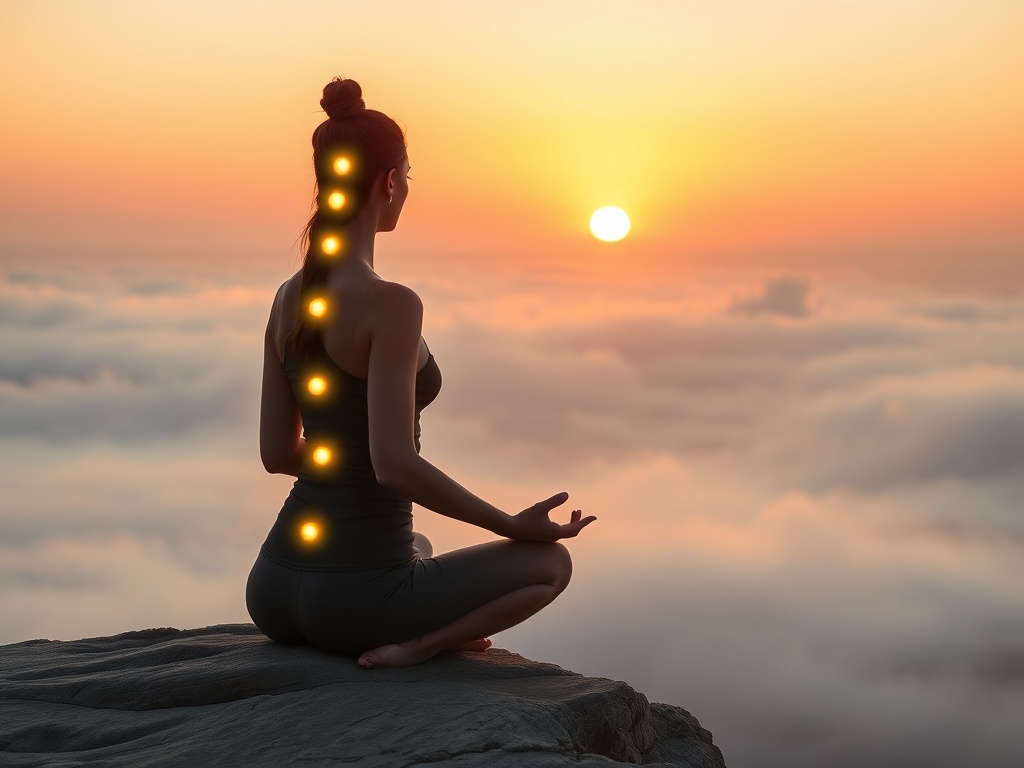 "serene woman meditating on a cliff at sunrise" "soft glowing chakras aligned along her spine" "gentle mist rolling over a calm sea below" "warm golden-pink light, peaceful atmosphere"