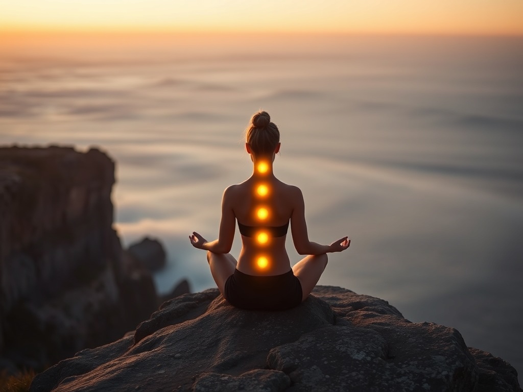 "serene woman meditating on a cliff at sunrise" "soft glowing chakras aligned along her spine" "gentle mist rolling over a calm sea below" "warm golden-pink light, peaceful atmosphere"