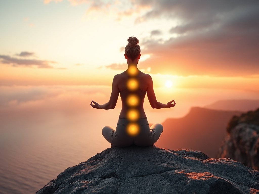 "serene woman meditating on a cliff at sunrise" "soft glowing chakras aligned along her spine" "gentle mist rolling over a calm sea below" "warm golden-pink light, peaceful atmosphere"