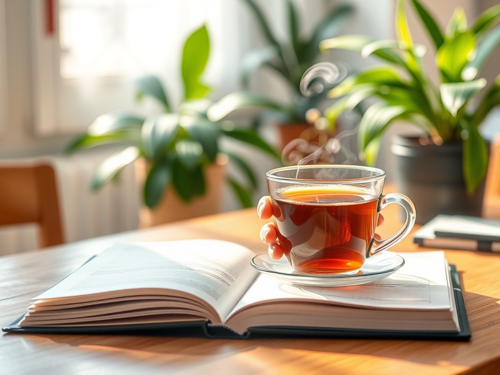 "close-up open workbook on wooden table" "soft morning light" "hands holding pen, mid-writing" "cup of tea with steam" "sticky notes, gentle pastel colors" "calm indoor plants blurred background"