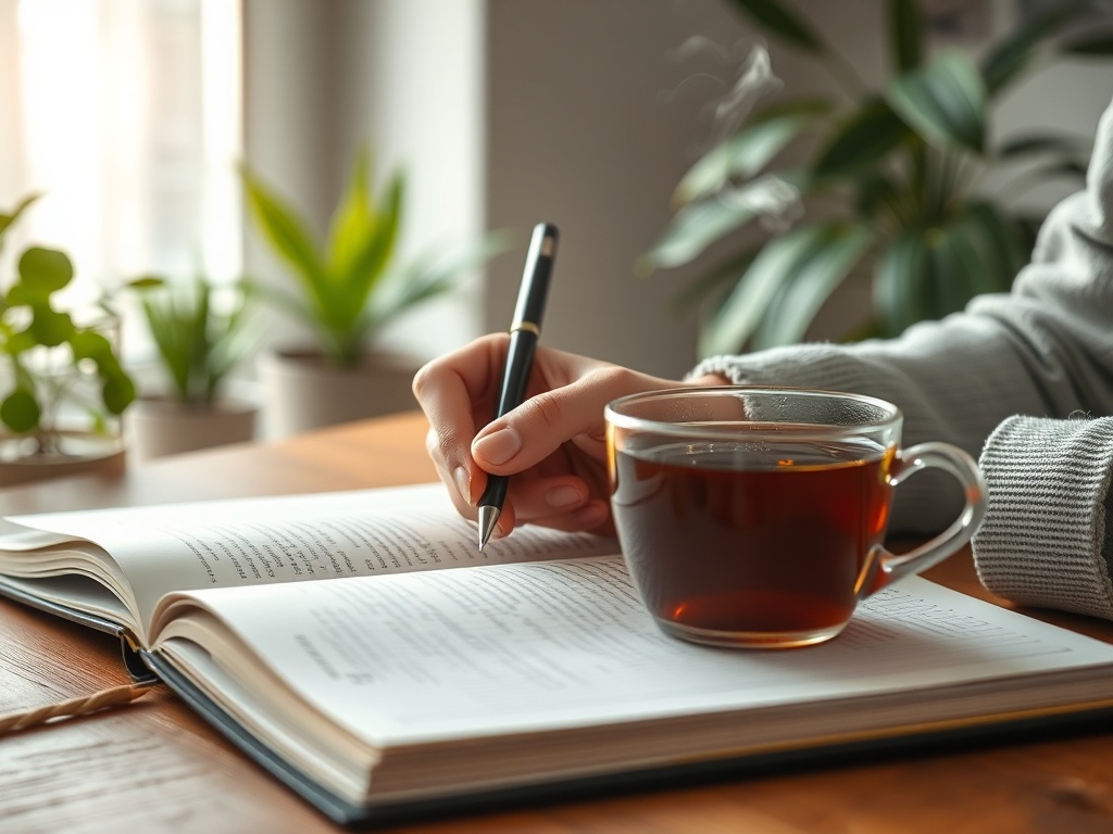 "close-up open workbook on wooden table" "soft morning light" "hands holding pen, mid-writing" "cup of tea with steam" "sticky notes, gentle pastel colors" "calm indoor plants blurred background"
