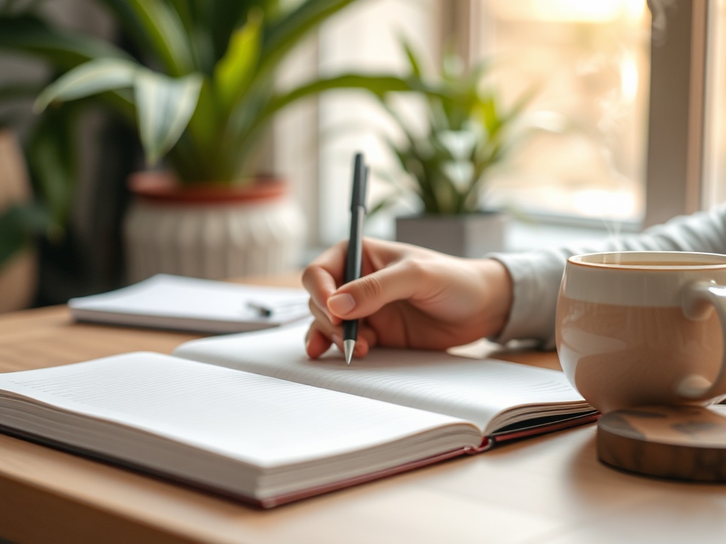 "close-up open workbook on wooden table" "soft morning light" "hands holding pen, mid-writing" "cup of tea with steam" "sticky notes, gentle pastel colors" "calm indoor plants blurred background"