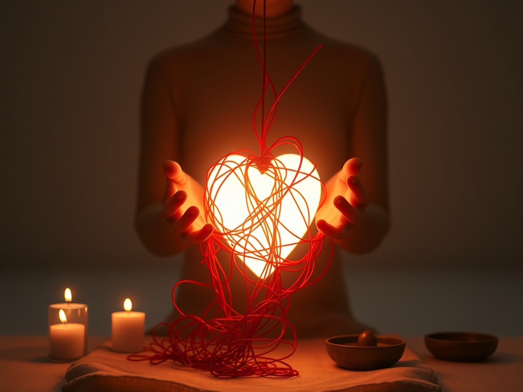 "A serene, intimate scene of a person releasing tangled red threads from a glowing heart, soft chakra lights, sacred minimal ritual items, tranquil, open space."