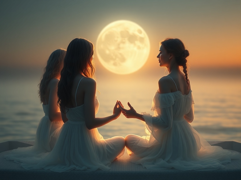 "A luminous, serene circle of women in soft moonlit tones, embracing, meditating, and sharing in a warm, protective glow; ethereal flora, gentle ocean backdrop."