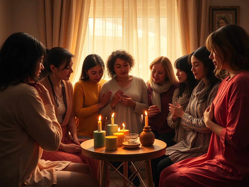 "A warm, comforting scene of diverse women in a softly lit room, embracing their emotions; rituals on a small table, gentle shadows, safe inner glow, calming colors."