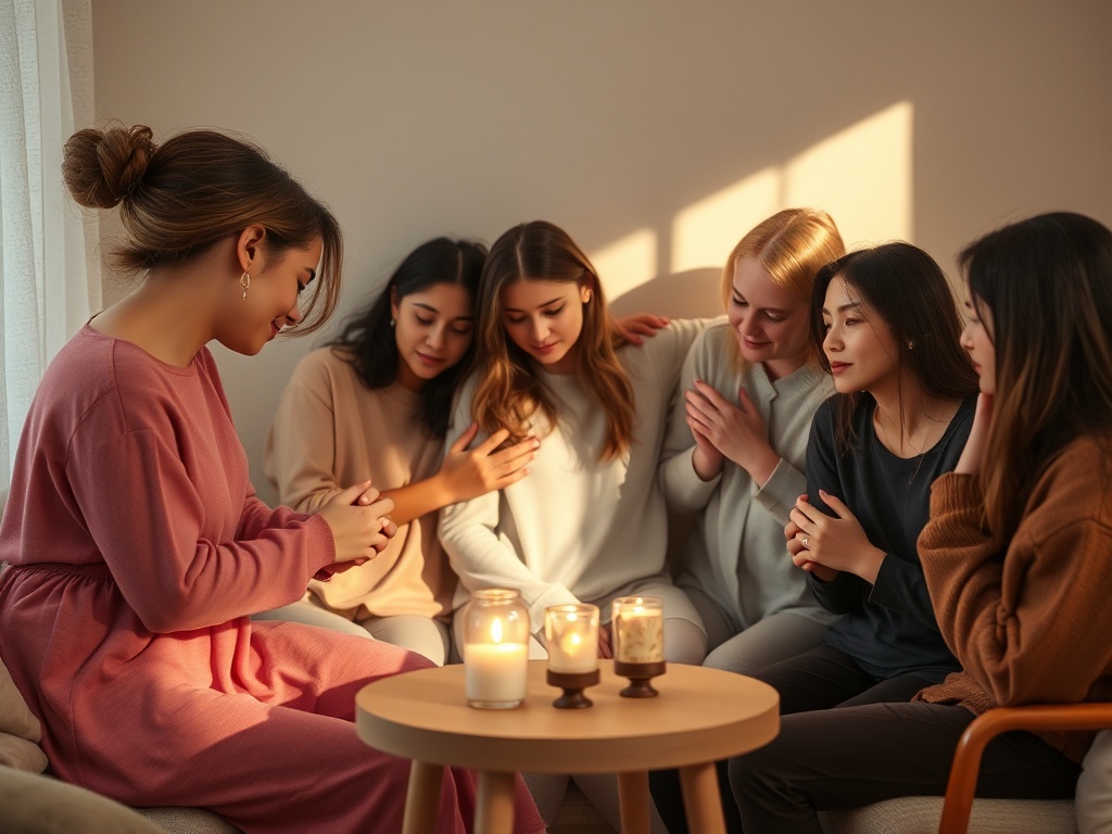"A warm, comforting scene of diverse women in a softly lit room, embracing their emotions; rituals on a small table, gentle shadows, safe inner glow, calming colors."