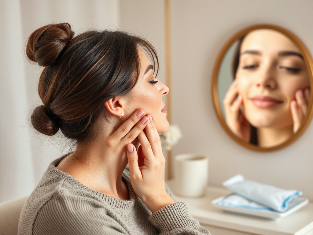 "calm home therapy scene" "woman gently massaging jaw" "warm compress and cold pack nearby" "mirror showing subtle mouth movement" "soft natural light, neutral tones"