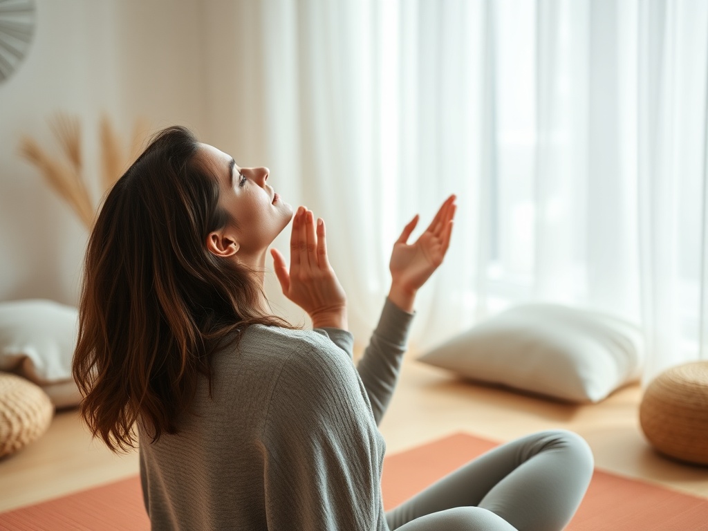 "calm home therapy scene" "woman practicing jaw exercises" "gentle morning light" "soft pillows, yoga mat" "relieved, peaceful expression" "minimal, warm color palette"