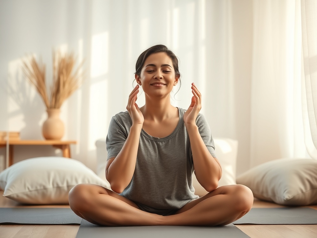 "calm home therapy scene" "woman practicing jaw exercises" "gentle morning light" "soft pillows, yoga mat" "relieved, peaceful expression" "minimal, warm color palette"
