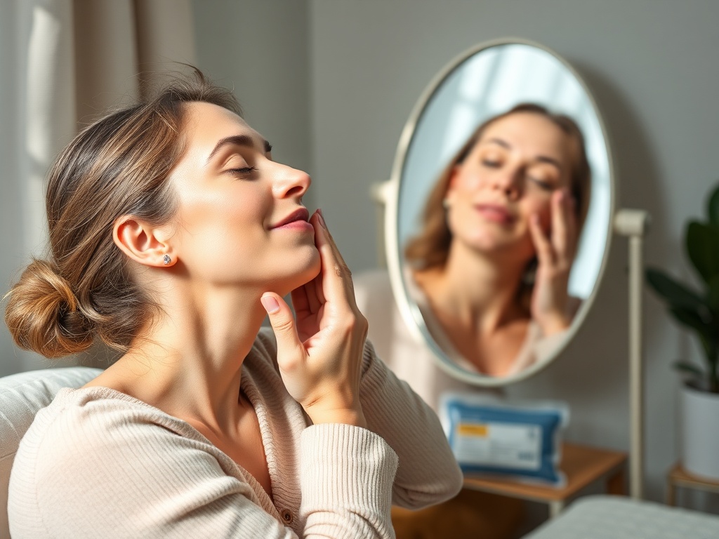 "calm home therapy scene" "woman gently massaging jaw" "warm compress and cold pack nearby" "mirror showing subtle mouth movement" "soft natural light, neutral tones"