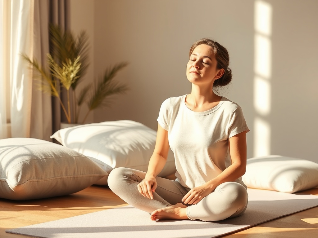 "calm home therapy scene" "woman practicing jaw exercises" "gentle morning light" "soft pillows, yoga mat" "relieved, peaceful expression" "minimal, warm color palette"