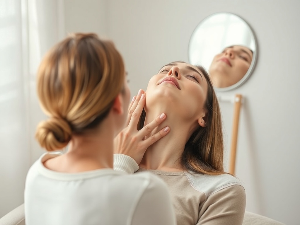 "calm home therapy scene" "woman gently massaging jaw" "warm compress and cold pack nearby" "mirror showing subtle mouth movement" "soft natural light, neutral tones"