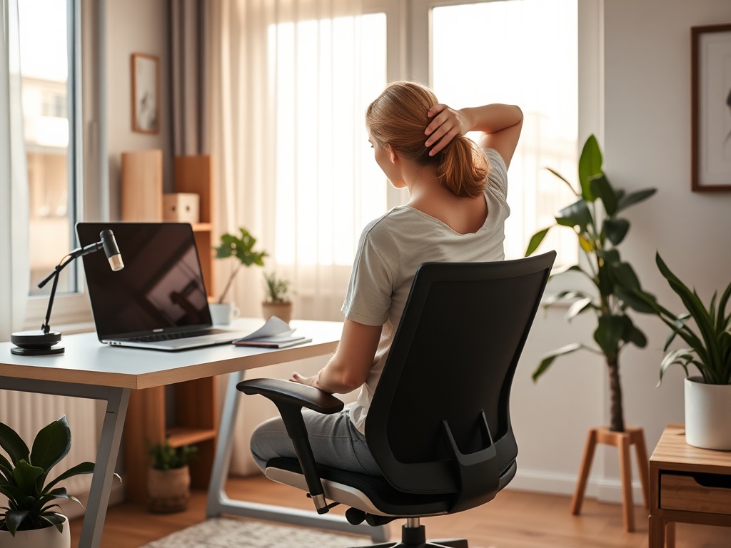 "serene home office" "woman stretching neck at desk" "soft morning light through window" "minimalist ergonomic chair" "plants and warm wooden tones" "calm, relieved expression"