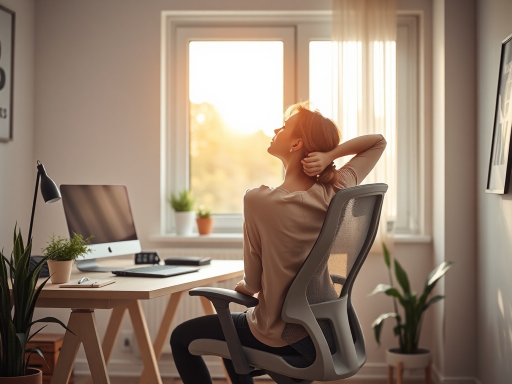 "serene home office" "woman stretching neck at desk" "soft morning light through window" "minimalist ergonomic chair" "plants and warm wooden tones" "calm, relieved expression"