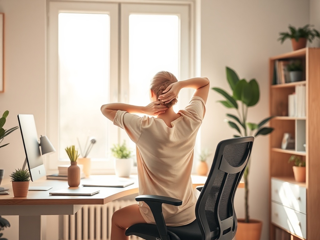 "serene home office" "woman stretching neck at desk" "soft morning light through window" "minimalist ergonomic chair" "plants and warm wooden tones" "calm, relieved expression"
