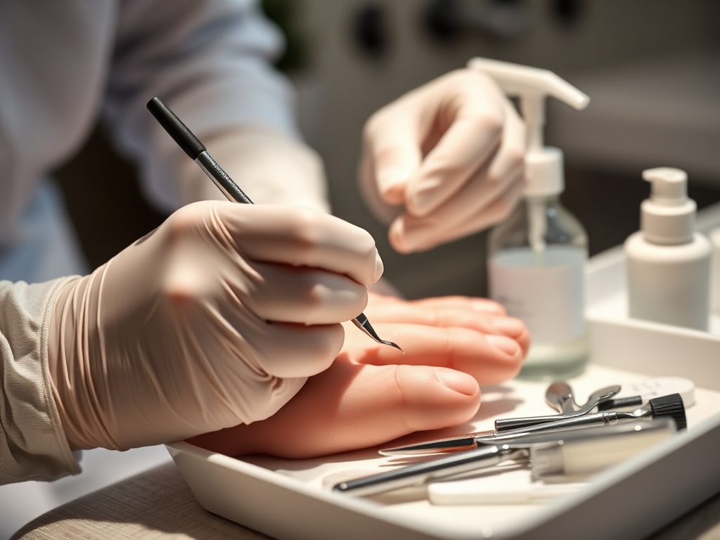 "A clean modern pedicure clinic" "close-up of hands using sterile instruments on toenail" "gloved technician focusing" "neat tray with tools and disinfectant" "soft natural lighting"