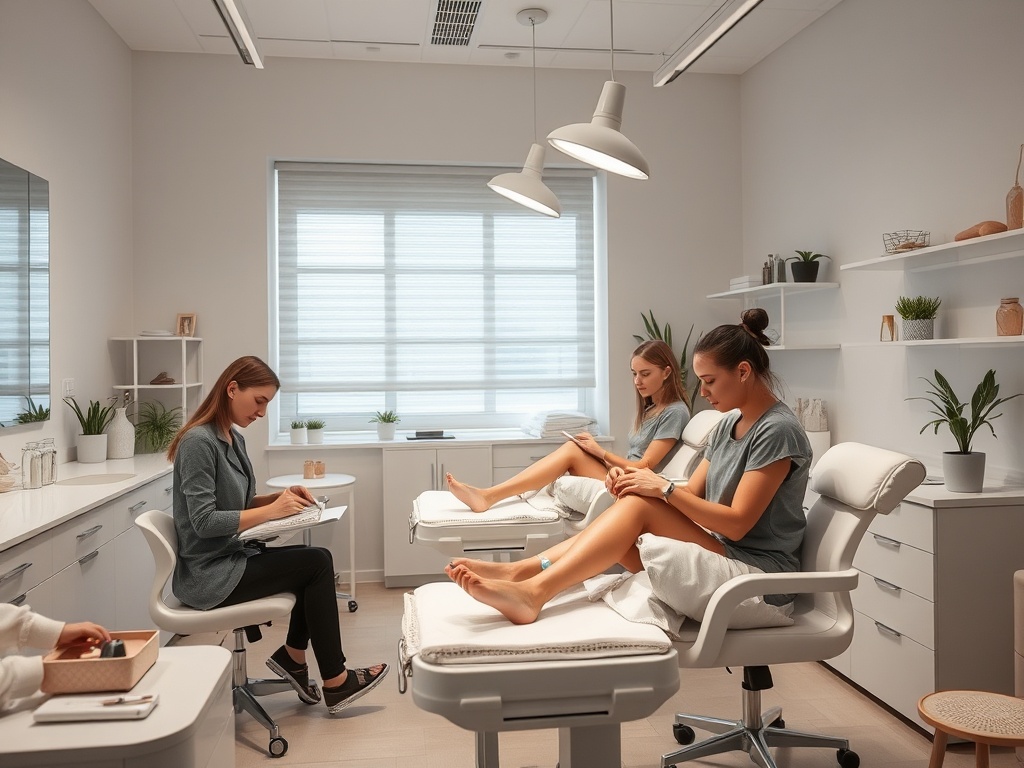 "A serene nail technician classroom" "students practicing foot care on models" "soft clinical lighting" "modern pedicure tools" "calm Scandinavian décor"