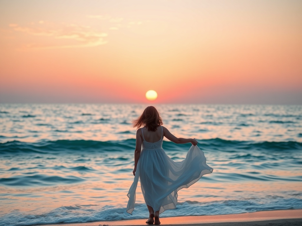 "Serene sunrise over calm sea" "woman mid-30s standing on shore" "soft pastel colors" "gentle breeze, flowing dress" "hopeful, peaceful mood"