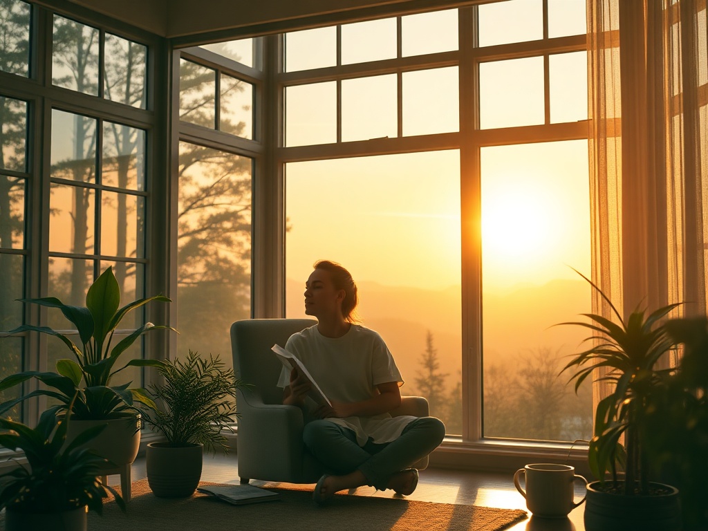 "A serene retreat room at sunrise" "soft golden light through large windows" "a cozy chair with a notebook and pen" "potted plants and a steaming cup" "calm person breathing, eyes closed"