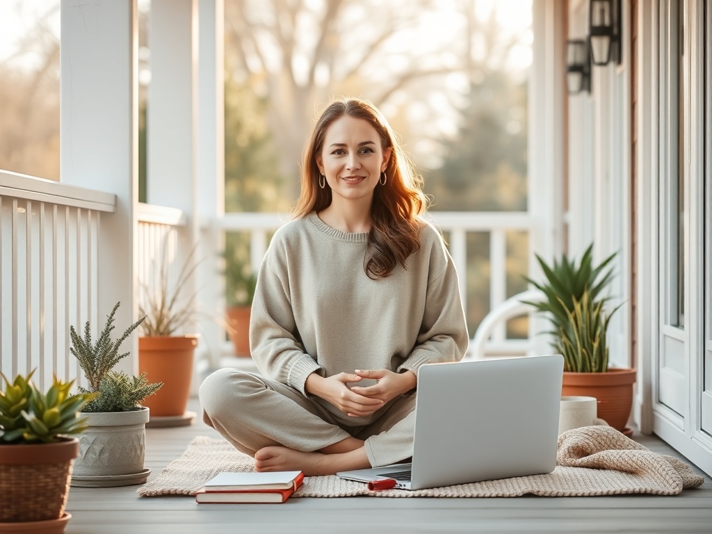 "serene woman 35+ sitting cross-legged on a sunlit porch" "soft morning light" "gentle smile, peaceful posture" "warm neutral clothing" "open laptop and notebook nearby" "potted plants and cozy blanket" "calm, airy color palette"